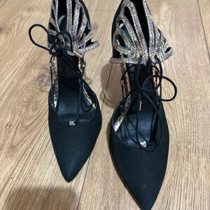 Ted Baker Black Pointed Lace-Up Heels with Silver Glitter Cutout Ankle